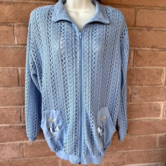 Vintage Adolfo Sport Zip Up Jacket See Thru Crochet Dolphin Embroidery Womens M - Picture 3 of 10